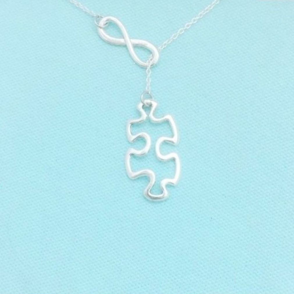 AUTISM Awareness Hallow Silver Puzzle Piece & Infinity Charm Lariat Necklace.