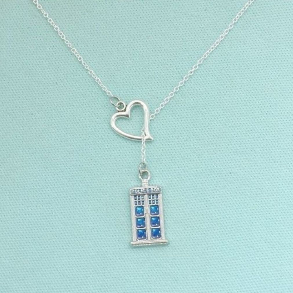I Love Tardis, DR. Who Phone Box Necklace Lariat Style.