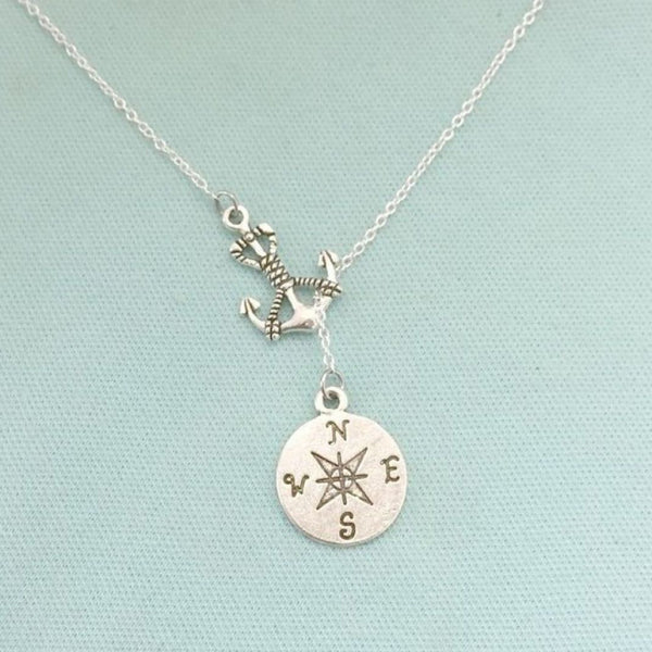 Handcrafted Anchor with Compass Charms Lariat Y Necklace.