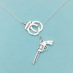 Handcuff and Gun Silver Charms Necklace Lariat Style.