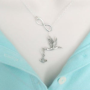 Stork w Baby Handcrafted Necklace Lariat Style. Pregnancy Gift.
