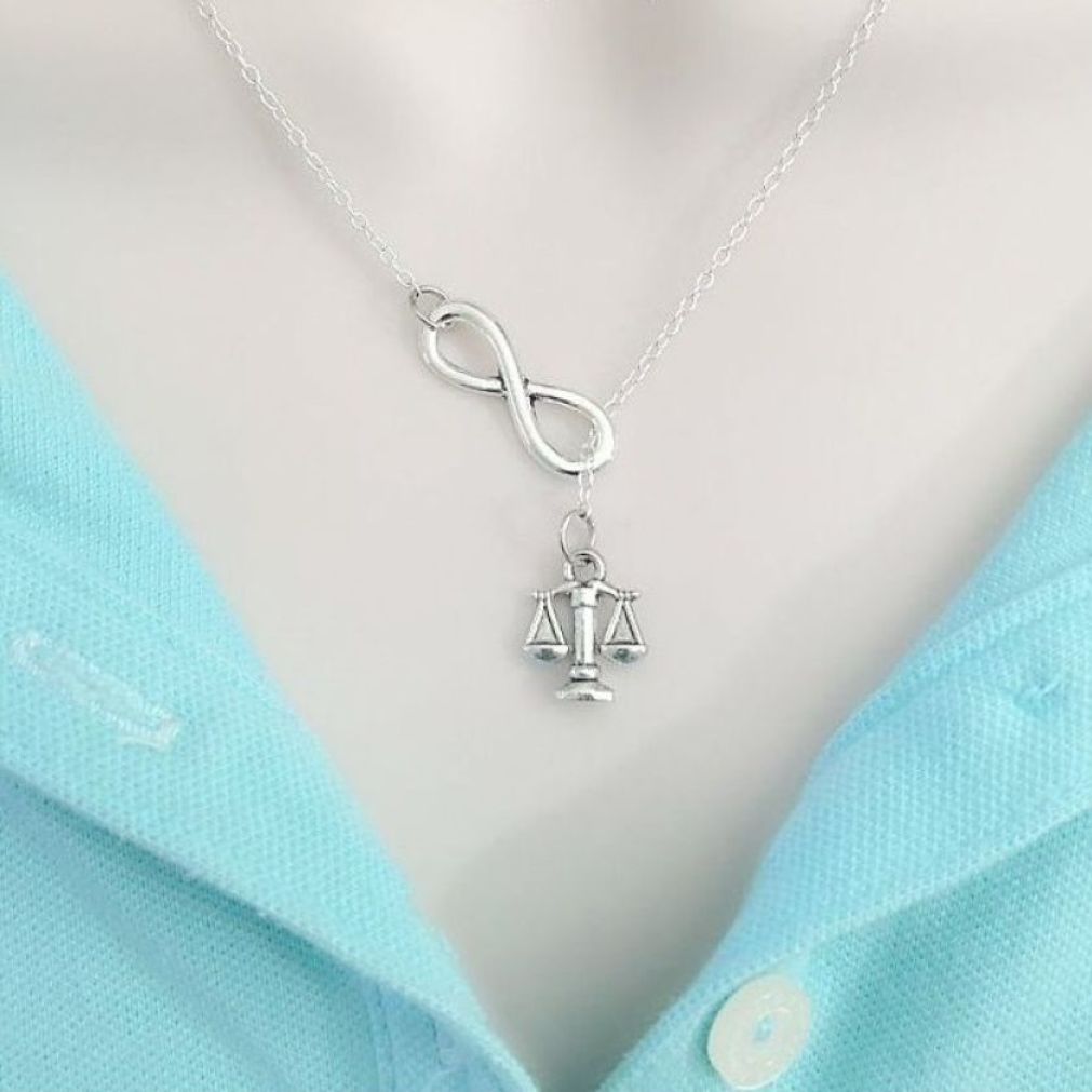 Small LADY JUSTICE (Law Scale) Silver Charm "Y" Lariat Necklace.