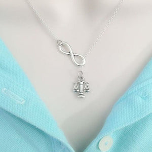 Small LADY JUSTICE (Law Scale) Silver Charm "Y" Lariat Necklace.