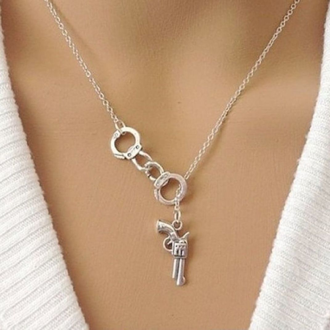 Handcrafted Handcuff n Gun Charms Necklace Lariat Style.