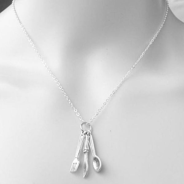 Handcrafted Cook or Chef 3 Silverware Silver Charms Necklace.