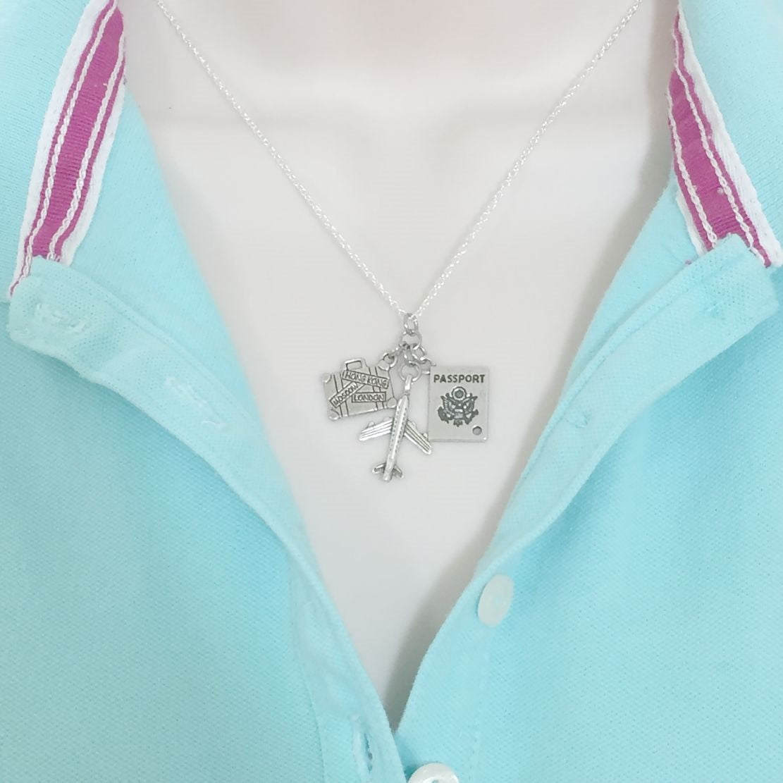 Travel Cluster Charm Silver Necklace.