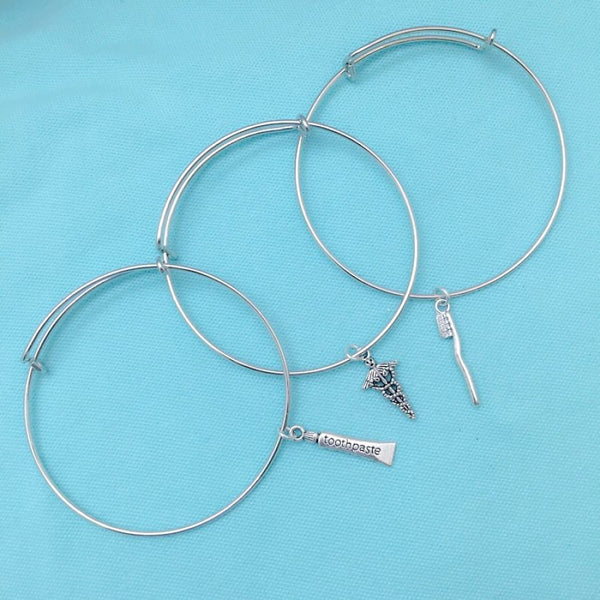 Medical Bracelet : 3 Dental Related Charms Expendable Bangles.