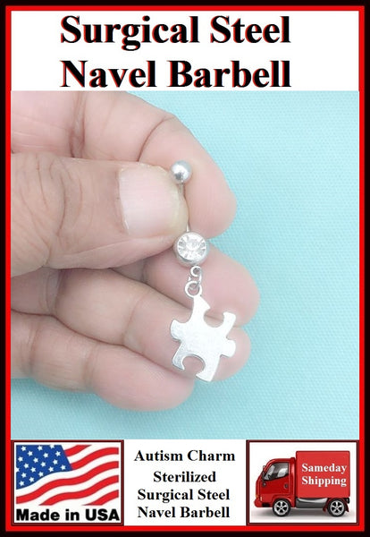 Autism Solid Puzzle Silver Charm Surgical Steel Belly Ring.