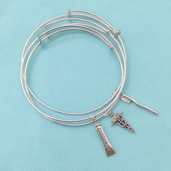 Medical Bracelet : 3 Dental Related Charms Expendable Bangles.