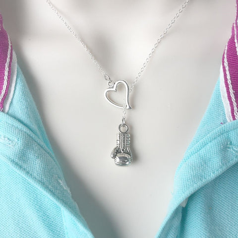 I Love Boxing Silver Glove Lariat Y Necklace.