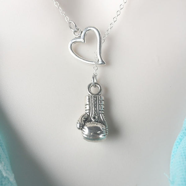 I Love Boxing Silver Glove Lariat Y Necklace.