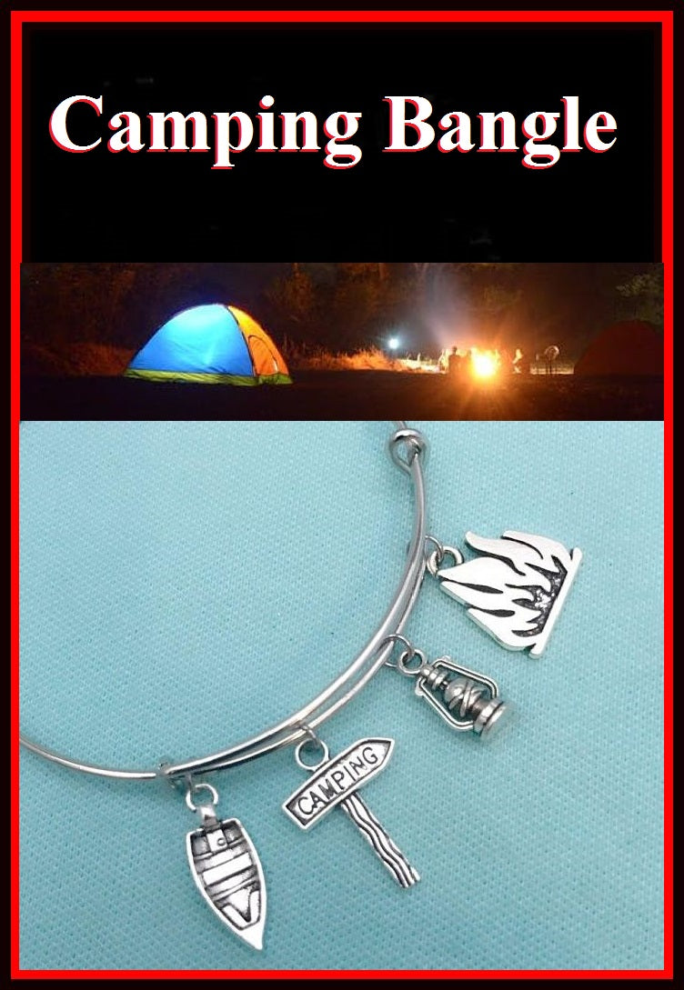 Boat, Hurricane Lamp, Fire & Camping Charms Bangle. Camper Gift.