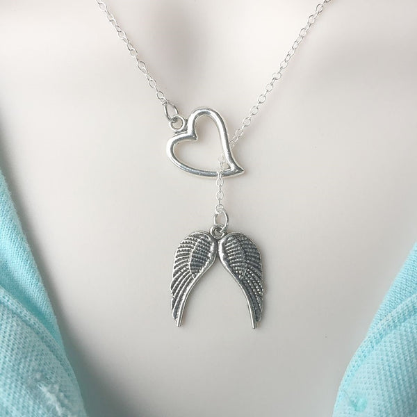 I Love Angel Wings Silver Lariat Y Necklace.