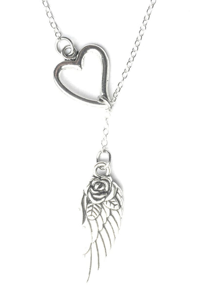 I Love Angel Wing Silver Lariat Y Necklace.
