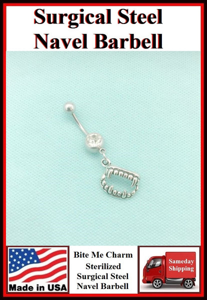 "Bite Me" Vampire's Teeth Silver Charm Surgical Steel Belly Ring.