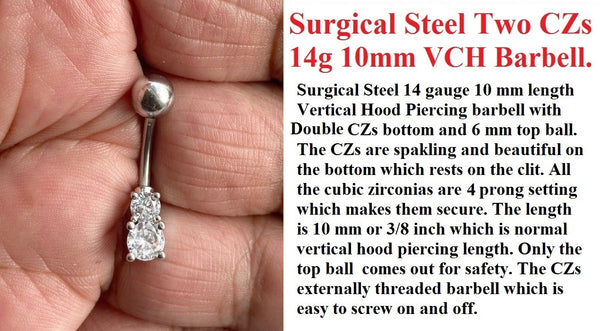 Sterilized Surgical Steel TWO CZs 14 gauge VCH Barbell.