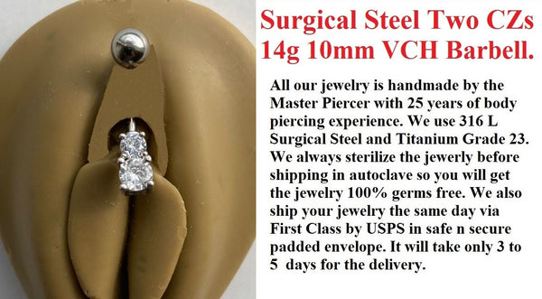 Sterilized Surgical Steel TWO CZs 14 gauge VCH Barbell.