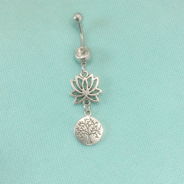 STUNNING LOTUS Flower & Small TREE of LIFE Surgical Steel Belly Ring