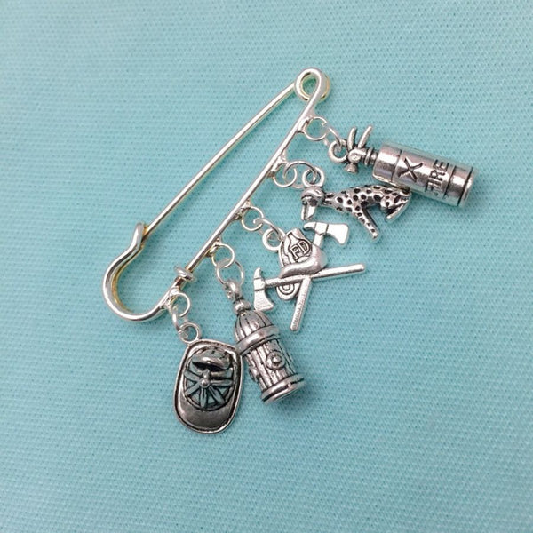Firefighter Theme 5 Silver Alloy Charms easy on/off Brooch