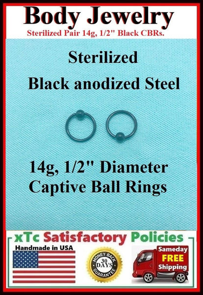 (2 Pcs Lot) Sterilized BLACK 14g 12mm, 5mm balls Ear Lobe Piercing Rings.