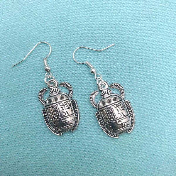 Egyptian Sacred Beetle Dangle Silver Earrings.