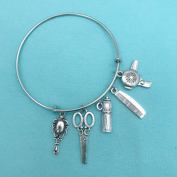 Hair Stylist: Dryer, Scissor, Comb, Spray Can & Mirror Charms Bangle