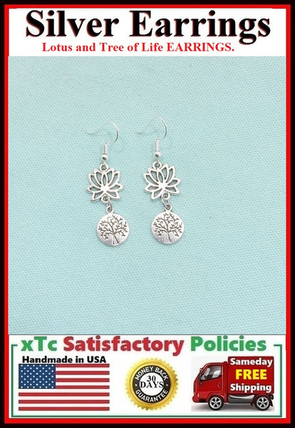 SIMPLY Stunning LOTUS with Tree of Life Silver Dangle Drop Earrings.