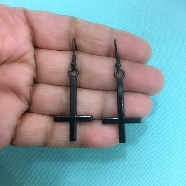 1-1/4" BLACK UPSIDE down CROSS Anodized Steel Earrings.