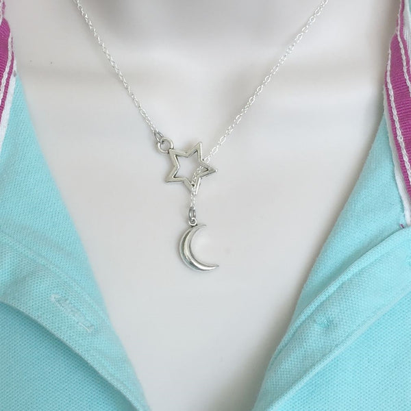 Celestial Crescent Moon and Star Necklace Lariat Style.