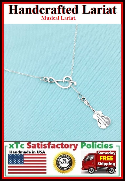 Treble Clef & Guitar Silver Handcrafted Necklace Lariat Style.