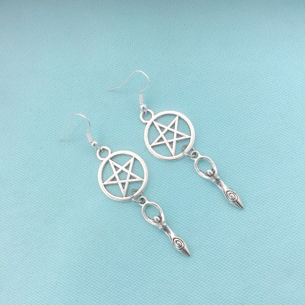 Pentagram and Goddess Silver Charms Earrings.