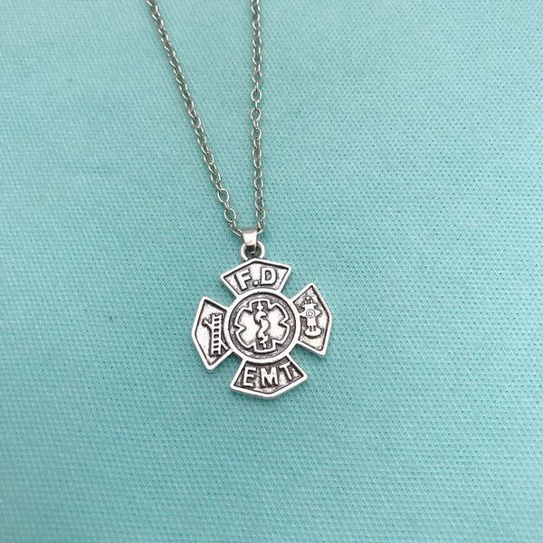 Firefighter & EMT Symbol Charm Silver Chain Necklace.