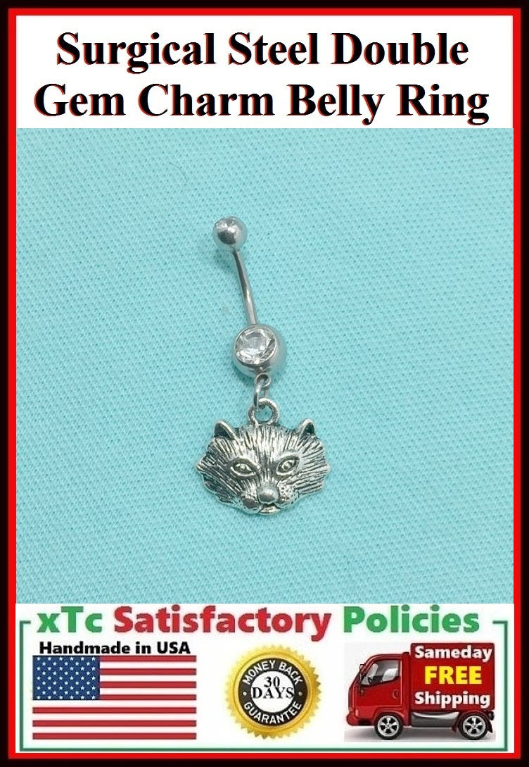 Surgical Steel Double Gems Belly Ring with Wolf Charm.