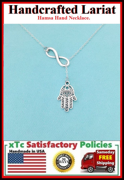 Mystical Hamsa Hand & Infinity Handcrafted Necklace Lariat Style.