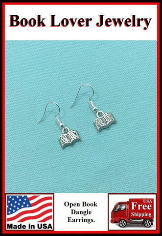 Beautiful OPEN BOOK Silver Charms Dangle Earrings.