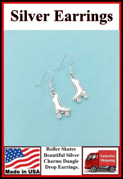 ROLLER SKATES Silver Dangle Drop Earrings. SKATER GIFT.