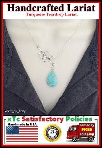 Natural Turquoise Teardrop Silver Handcrafted Necklace Lariat Style.