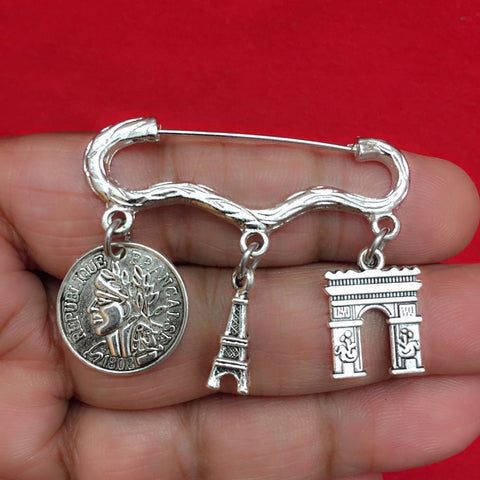Easy on/off Brooch with French Coin, Eiffel Tower & French Arch Charms,
