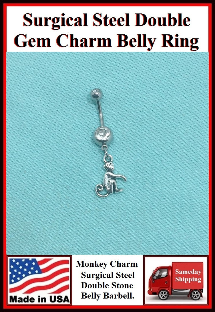 MONKEY with CURLED TAIL Silver Charm Surgical Steel Belly Ring.