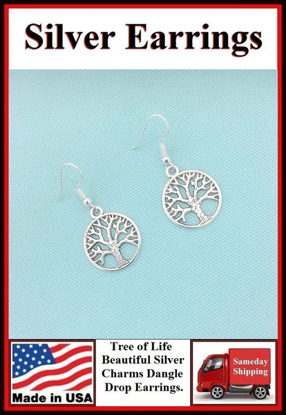 Gorgeous TREE OF LIFE Silver Dangle Earrings.