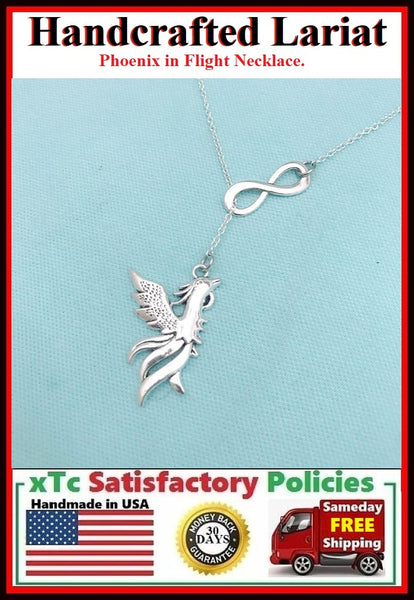 Phoenix in Flight Silver Charm Necklace Lariat Style.
