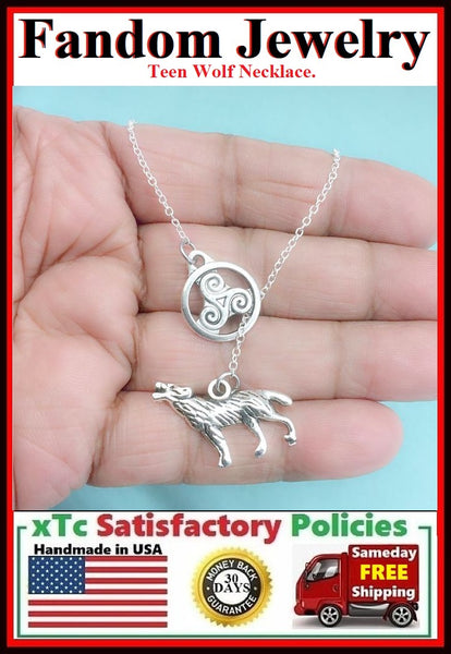 Beautiful TRISKELION Disk & WOLF Handcrafted Necklace Lariat Style.