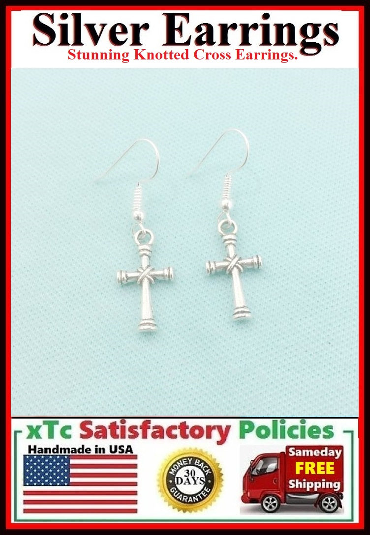 STUNNING KNOTTED CROSS Silver Charms Dangle Earrings.