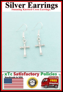 STUNNING KNOTTED CROSS Silver Charms Dangle Earrings.