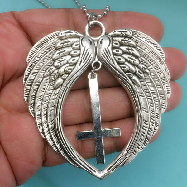 Large Angel's Wings with Large Upside Down Cross 18" Bead Chain