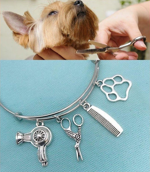 Dog Groomer Charms Silver Adjustable Bangle Bracelet.