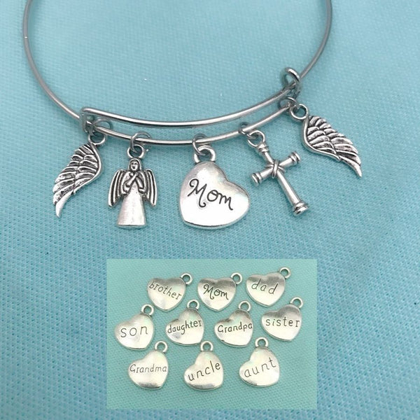 Family Member Memorial Silver Charms Bangle Bracelet