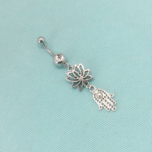 Sterilized HAMSA HAND & Lotus Charms Surgical Steel Belly Ring