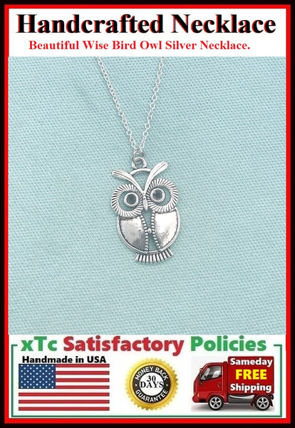 Handcrafted Beautiful Silver Wise Bird Owl Charm Necklace.