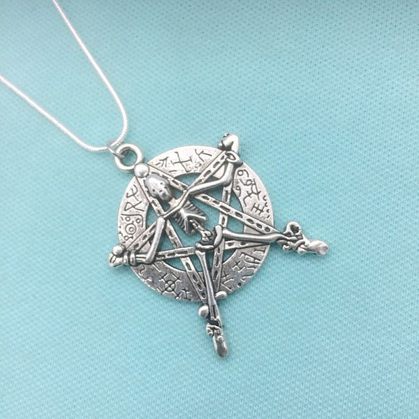 Large Antique Silver Pentagram with Crucified Skeleton Charm Necklace.